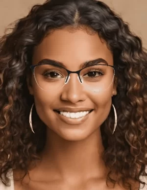 Chica joven morena usando lentes de la marca LOB Armazón Luna, con tecnología anti blue ray para reducir la fatiga visual. Diseño moderno y duradero, inspirado en la elegancia de la Luna. Ideal para una visión clara y cómoda.