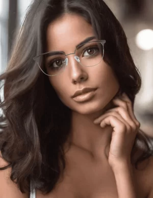 Chica joven morena usa lentes armazón Lob Cora, con la excelente tecnología anti blue ray, para tener una mejor jornada de trabajo y verse espectacular.